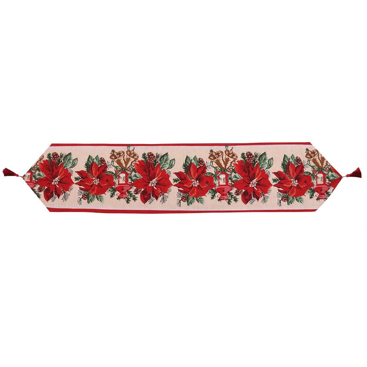 Traversa de Masa Craciun, Napron Decorativ cu Model Flori Rosii, Tesatura Tricotata Groasa cu Colt si Ciucure, Bumbac si Poliester, 173x34 cm, Alb/Rosu