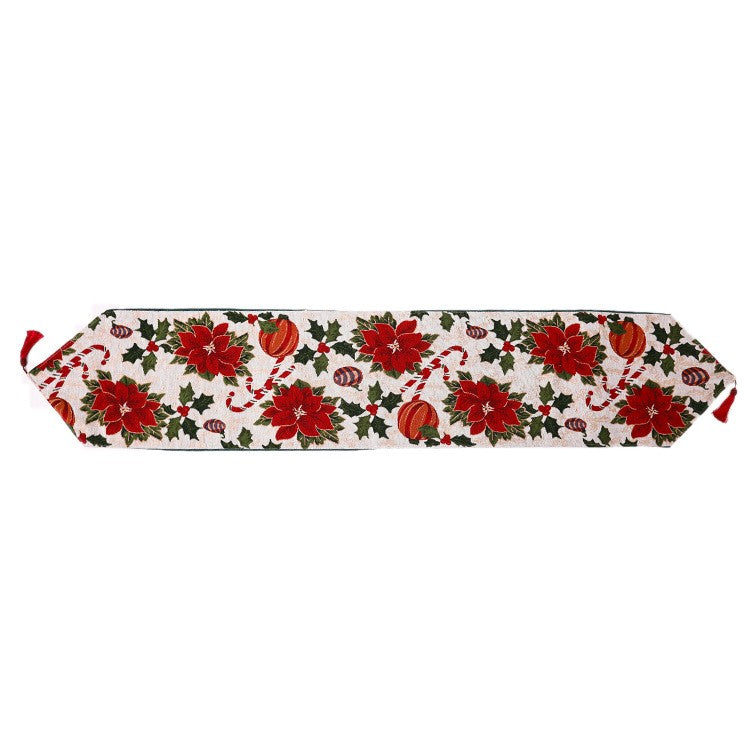Napron Decorativ pentru Masa, Model Flori de Craciun, Material Brodat Bumbac si Poliester, Rosu si Verde, 35 x 180 cm