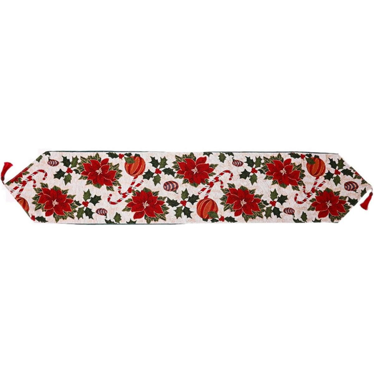 Napron Decorativ pentru Masa, Model Flori de Craciun, Material Brodat Bumbac si Poliester, Rosu si Verde, 35 x 180 cm