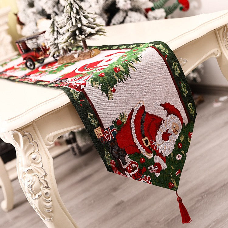 Napron Decorativ pentru Masa, Model Mos Craciun cu Broderie, Tematica Craciun, Amestec Bumbac si Poliester, Rosu/Verde, 35 x 180 cm