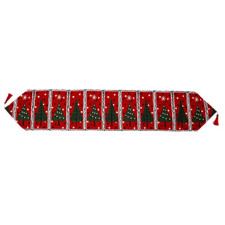 Napron Decorativ pentru Masa, Model Brazi de Craciun, Material Brodat Bumbac si Poliester, Tematica Festiva de Iarna, Rosu si Verde, 35 x 180 cm