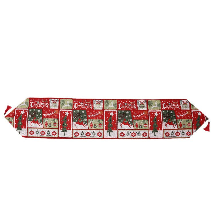 Napron Decorativ pentru Masa, Tematica Craciun Merry Christmas, Material Textil Brodat cu Bumbac si Poliester, 35 x 180 cm, Rosu si Verde