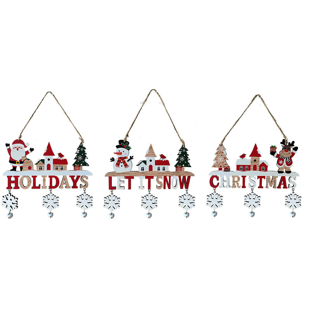 Decoratiune de Craciun pentru Brad, Model Ren cu Mesaj Let It Snow, Lemn Natural cu Snur de Agatare, Multicolor, 21.9x19 cm
