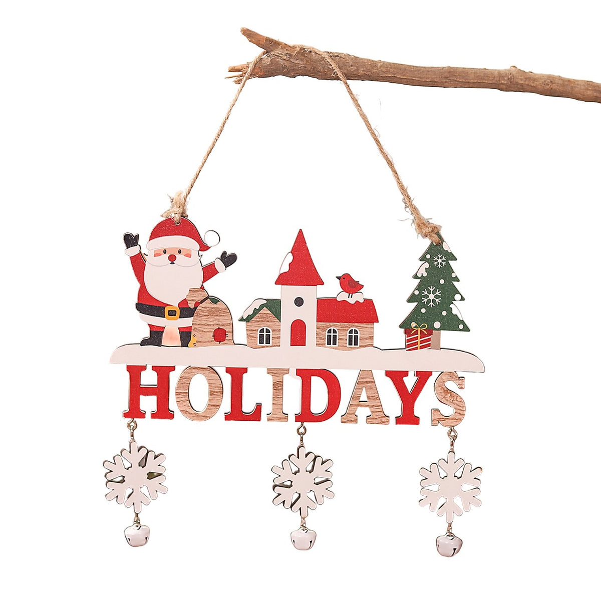 Decoratiune de Craciun pentru Brad, Model Mos Craciun cu Mesaj Let It Snow, Lemn Natural Pictat, cu Snur de Agatare, Multicolor, 21.9x19 cm