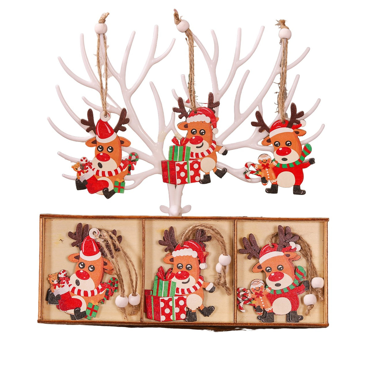 Set 9 Decoratiuni de Craciun pentru Brad, Model Reni cu Snur de Agatare, Lemn Natural Pictat, 3 Designuri Diferite, Multicolor