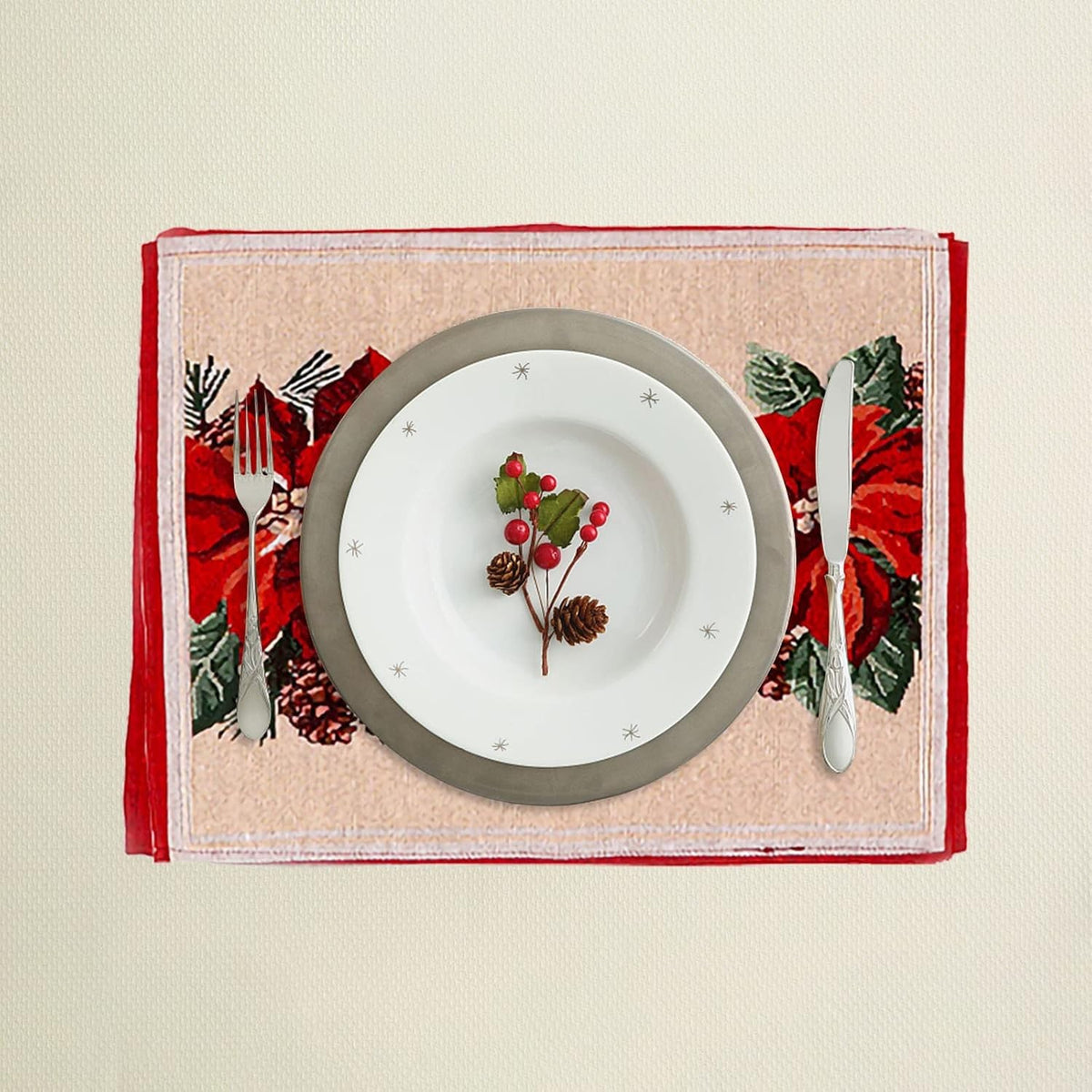 Șervețel Decorativ pentru Masă, Model Crăciunițe Festiv, Material Tricotat Moale Anti-Șifonare, Lavabil, Roșu, 43 x 34 cm