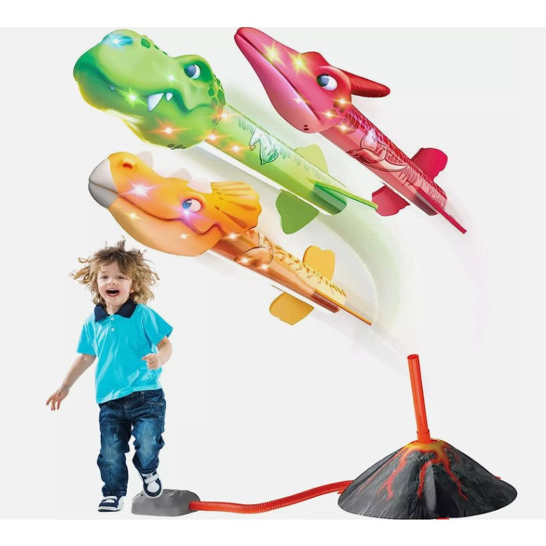 Lansator de Rachete cu Piciorul pentru Copii, Model Vulcan cu 3 Rachete Dinozaur cu Lumini LED, Jucarie de Exterior din Spuma si Plastic, 30 cm, Multicolor