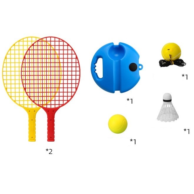 Set Badminton pentru Copii, Kit Antrenament cu Minge cu Elastic si Suport, 2 Palete, 1 Fluturas, 2 Mingi, Plastic si Metal, 40.5x23 cm, Rosu/Galben