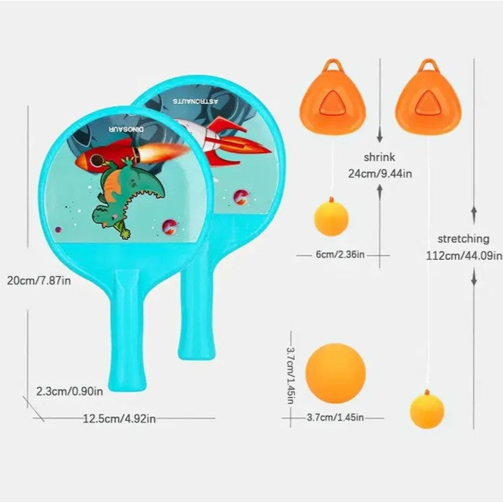 Set Tenis de Masa pentru Copii cu Design Astronauti, Antrenament Suspendat cu Inaltime Reglabila, Plastic si ABS, 2 Palete, 4 Mingi si Accesorii de Agatat, Albastru