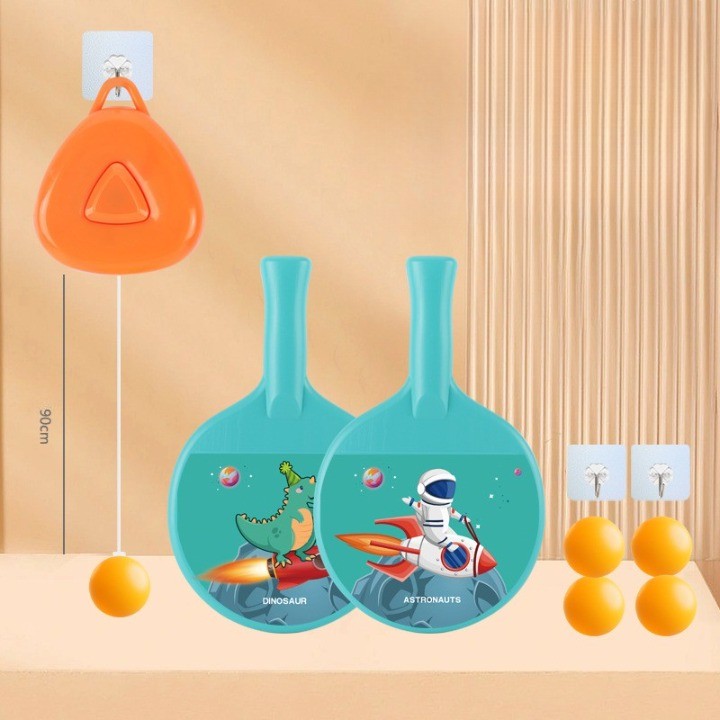 Set Tenis de Masa pentru Copii cu Design Astronauti, Antrenament Suspendat cu Inaltime Reglabila, Plastic si ABS, 2 Palete, 4 Mingi si Accesorii de Agatat, Albastru