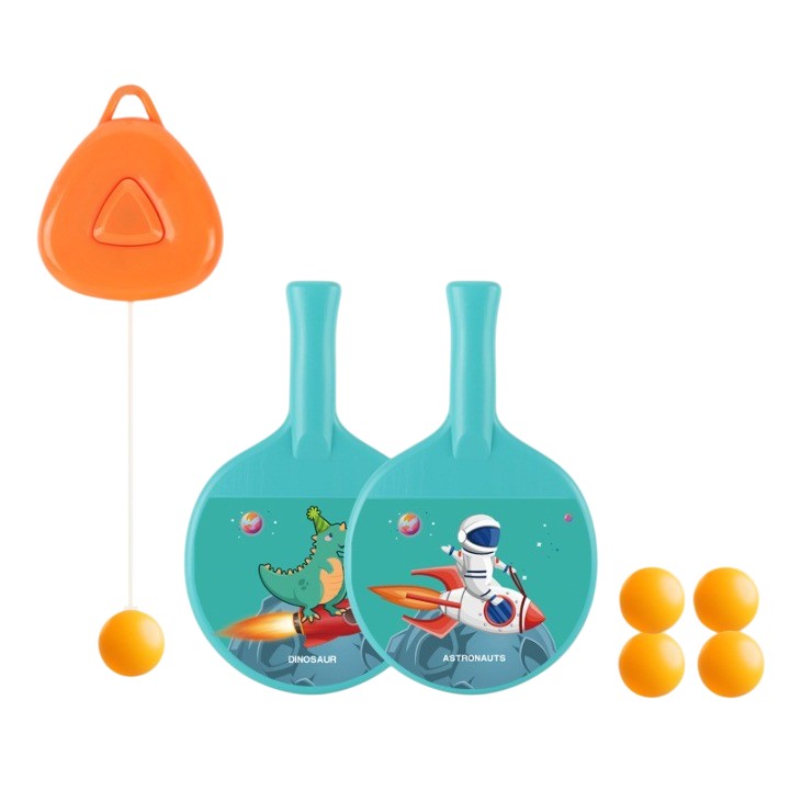 Set Tenis de Masa pentru Copii cu Design Astronauti, Antrenament Suspendat cu Inaltime Reglabila, Plastic si ABS, 2 Palete, 4 Mingi si Accesorii de Agatat, Albastru