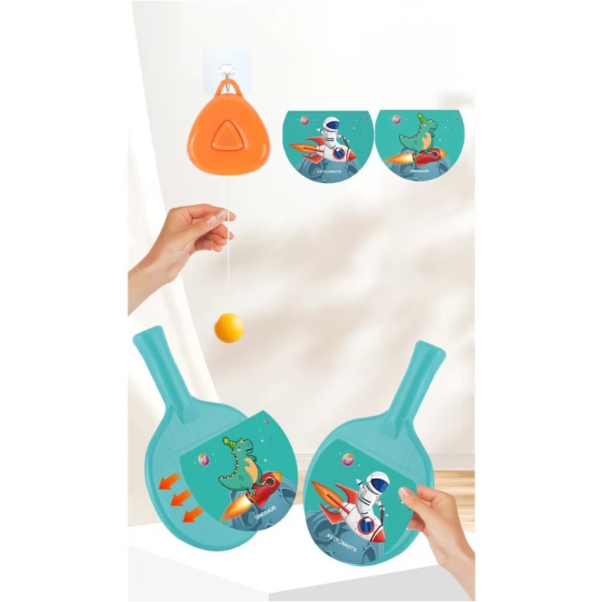 Set Tenis de Masa pentru Copii, Antrenament cu Inaltime Reglabila, Design Astronauti, Plastic si ABS, Include 2 Palete, 2 Mingi si Carlig Suspendat, Albastru