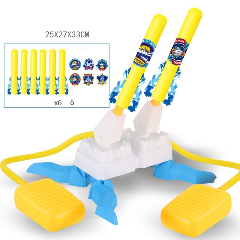 Lansator de Rachete pentru Copii, Joc de Exterior cu Doua Pedale, 6 Rachete de Spuma Incluse, 33x25x27 cm, Galben-Albastru