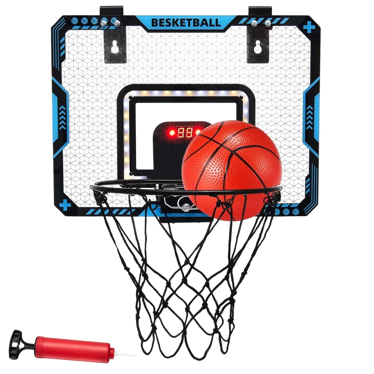 Cos de Baschet pentru Copii cu Tablou de Bord Electronic, Inel Metalic Rabatabil cu Arc, 2 Moduri de Joc Interior si Exterior, Include Minge si Pompa, 41x31 cm, Multicolor