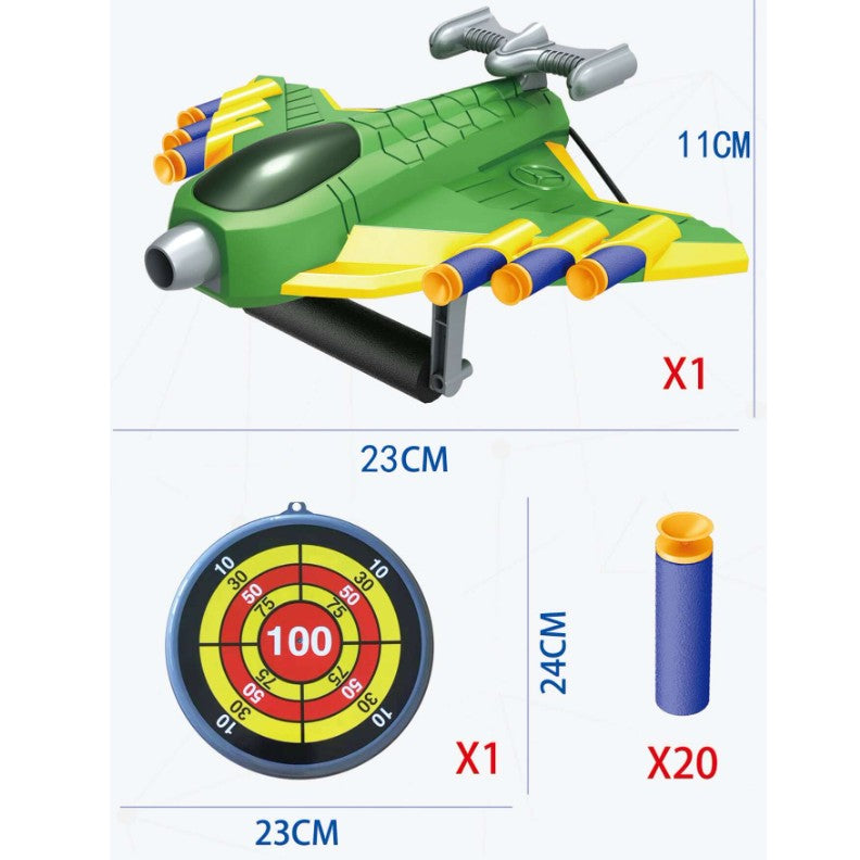 Pistol de Jucarie pentru Copii cu Lansator Manual, Avion, 20 de Gloante din Material Moale, Joc Interactiv de Tinta, Plastic Rezistent, 24x23.5x6.3 cm, Verde