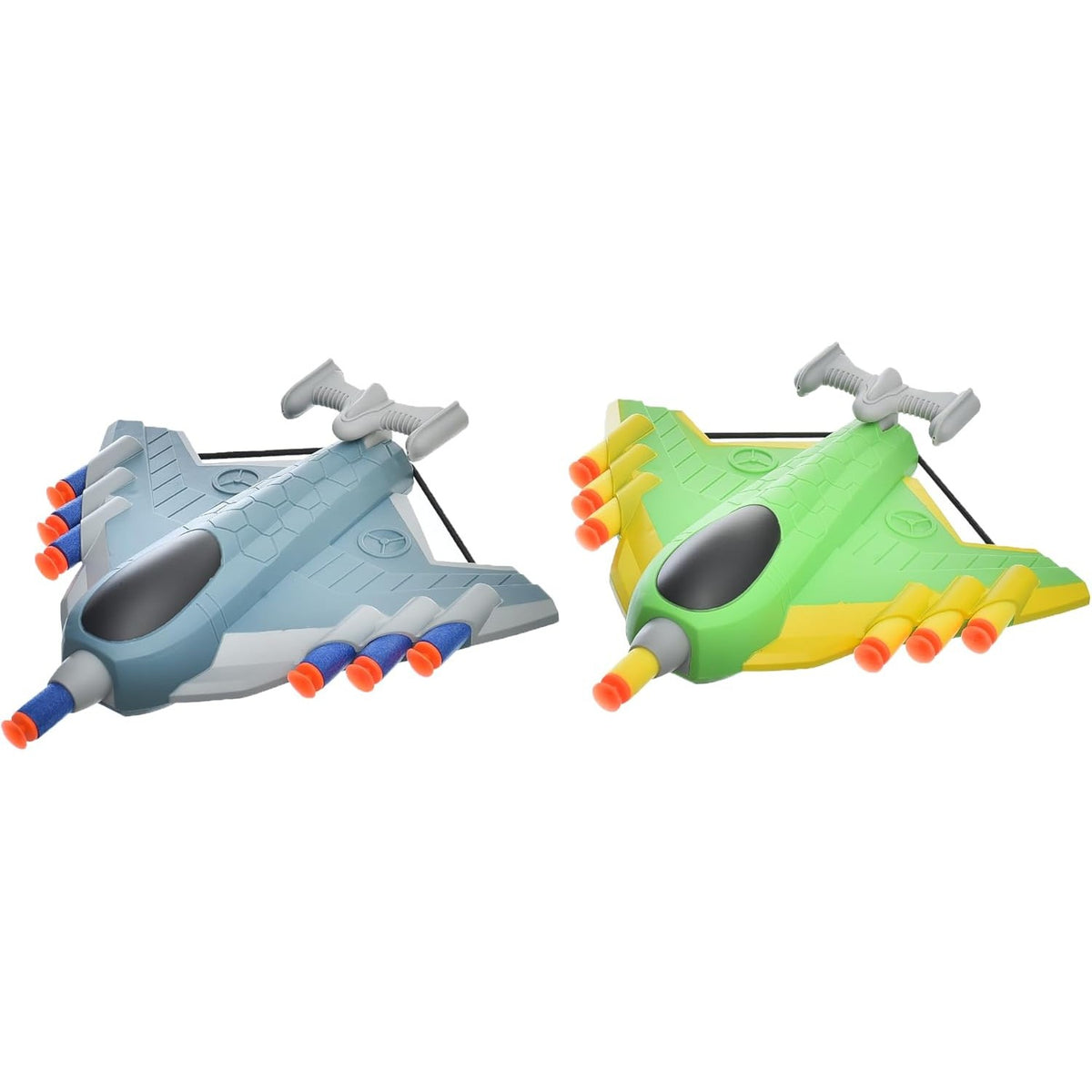 Set 2 Pistoale de Jucărie cu Lansator Manual, Joc de Target cu 2 Avioane și 40 Gloanțe din Spumă Moale, Plastic, 28.5x25x6.3 cm, Gri/Verde