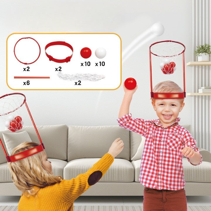 Joc Interactiv de Baschet pentru Cap, Set Dublu pentru Competitie si Coordonare, Plastic, 2 Cosuri Ajustabile si 20 de Mingi Albe si Rosii, Multicolor