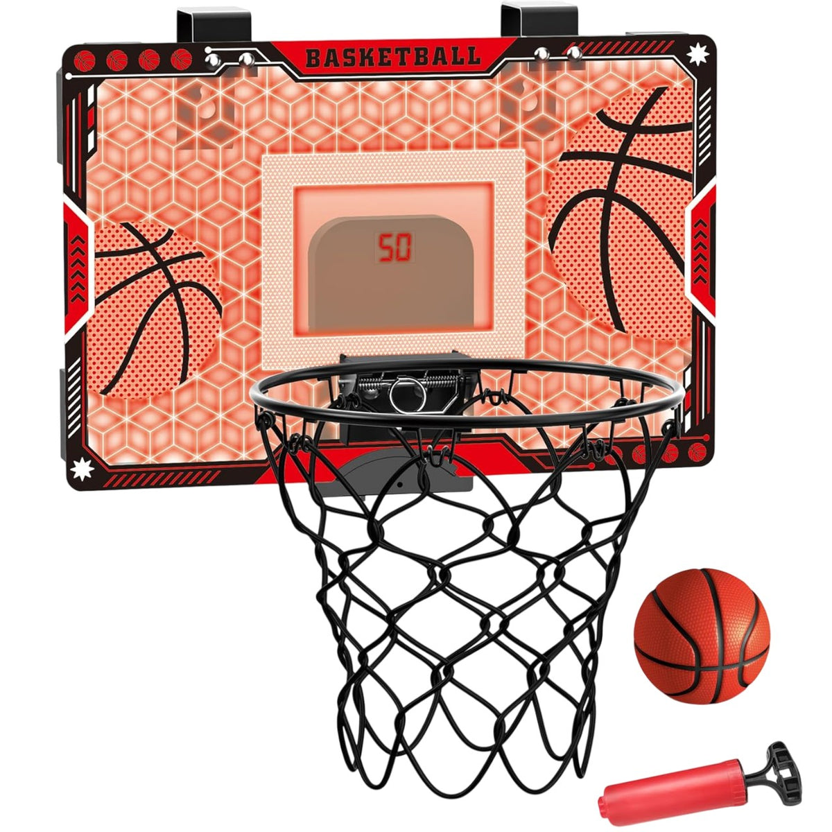 Cos de Baschet pentru Copii cu Tablou de Bord Electronic si Sunete, Inel Metalic Rabatabil cu Arc, 2 Moduri de Joc, Include Minge si Pompa, Interior si Exterior, Plastic si Metal, 41x27.5 cm, Multicolor