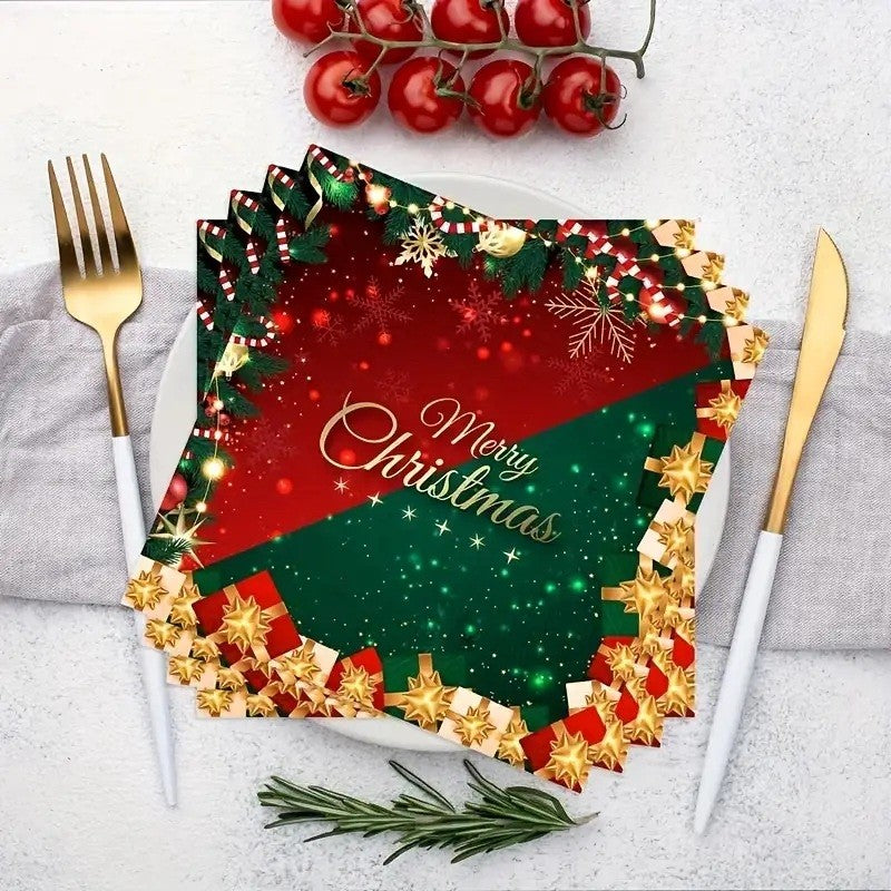 Set 20 Șervețele de Masă Crăciun, Design Merry Christmas, Hârtie Calitate Superioară, Verde și Roșu, 16.5 x 16.5 cm