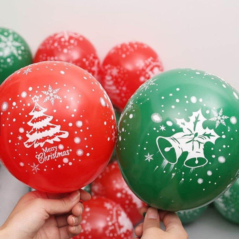 Set 16 Baloane Craciun, Model Merry Christmas, Imprimeu Festiv Brad si Fulgi Zapada, Latex de Calitate, 25 cm, Verde si Rosu