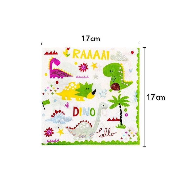 Set 20 Servetele de Masa pentru Petrecere, Colectia Dino Park cu Design Dinozauri, Hartie Rezistenta, 17 x 17 cm, Multicolor