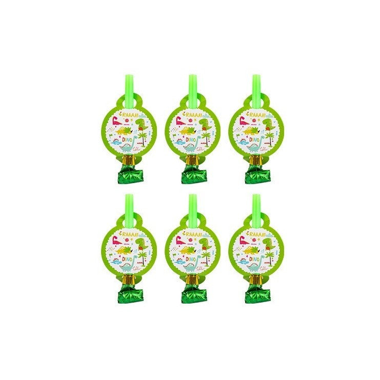 Set 6 Suflatori Dino Park Pentru Petrecere Copii, Accesorii Tematice Dinozauri, Carton si Plastic, 12 x 7 cm, Multicolor