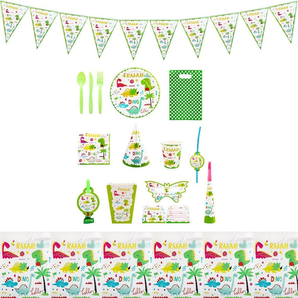 Set Accesorii Masa Petrecere Dino Park, 136 Piese pentru 10 Persoane, Tematica Dinozauri, Carton si Plastic, Multicolor