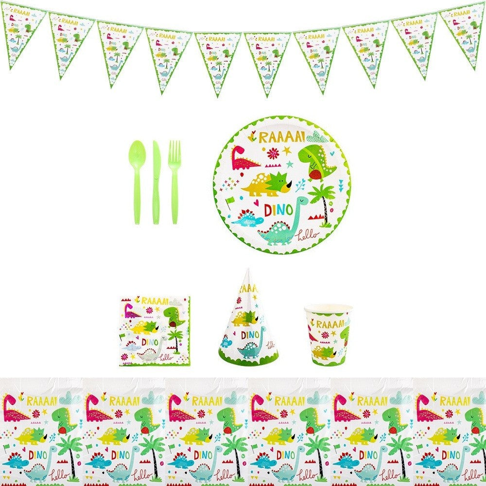 Set Complet Accesorii Masa Pentru Petrecere Tematica Dino Park, Set 82 Piese, Include Farfurii, Pahare, Tacamuri si Fata de Masa, Carton si Plastic, Multicolor