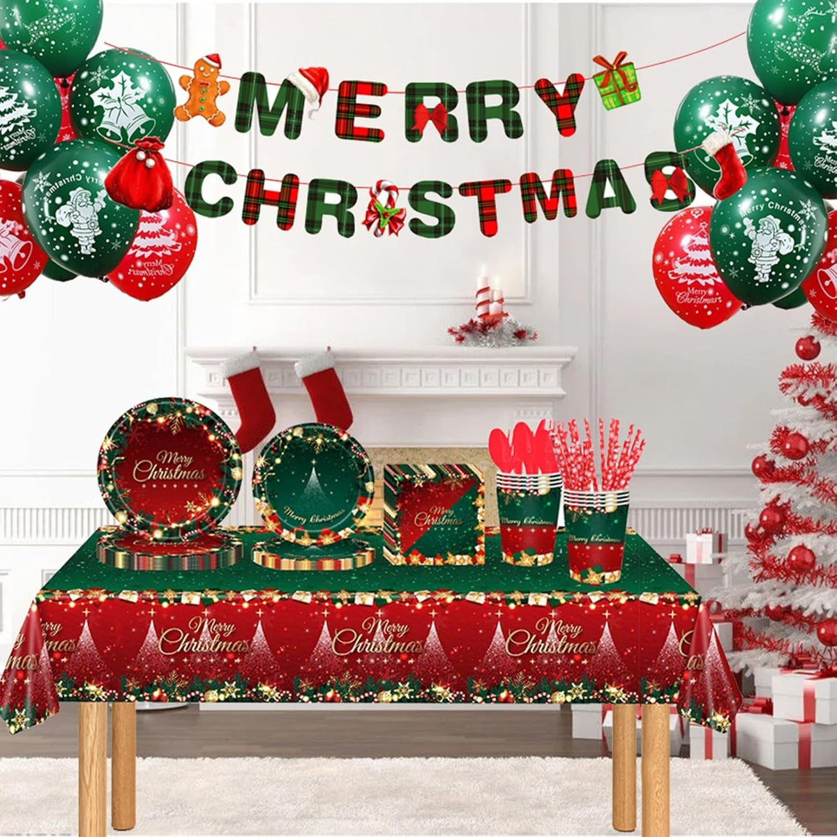 Set Veselă Unică Folosință pentru Masă de Crăciun, Accesorii Petrecere Tematice, Carton și Plastic, Roșu/Verde, 119 Piese