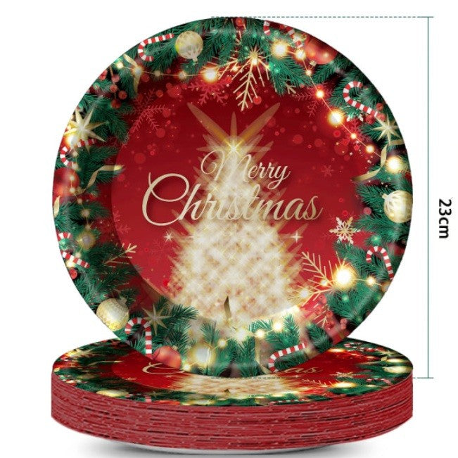Set 16 Farfurii de Unica Folosinta pentru Craciun, Model Brad si Mesaj Merry Christmas, Hartie Ecologica, Diametru 23 cm, Rosu si Verde