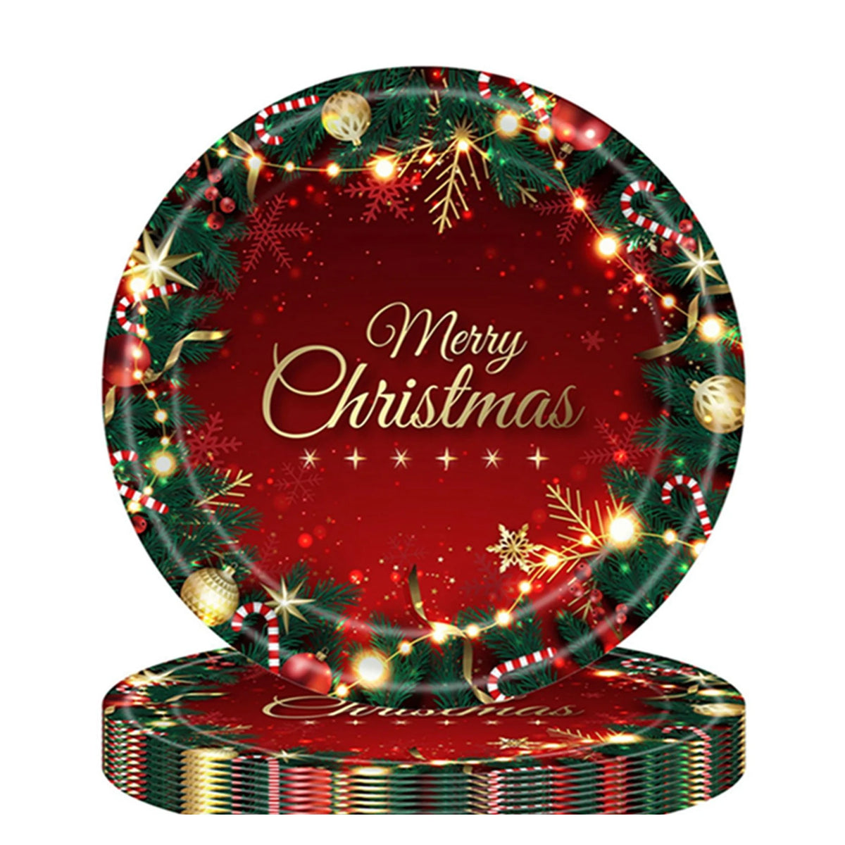 Set 16 Farfurii de Unica Folosinta pentru Craciun, Design Festiv Merry Christmas, Hartie Ecologica, Rosu si Verde, 23 cm