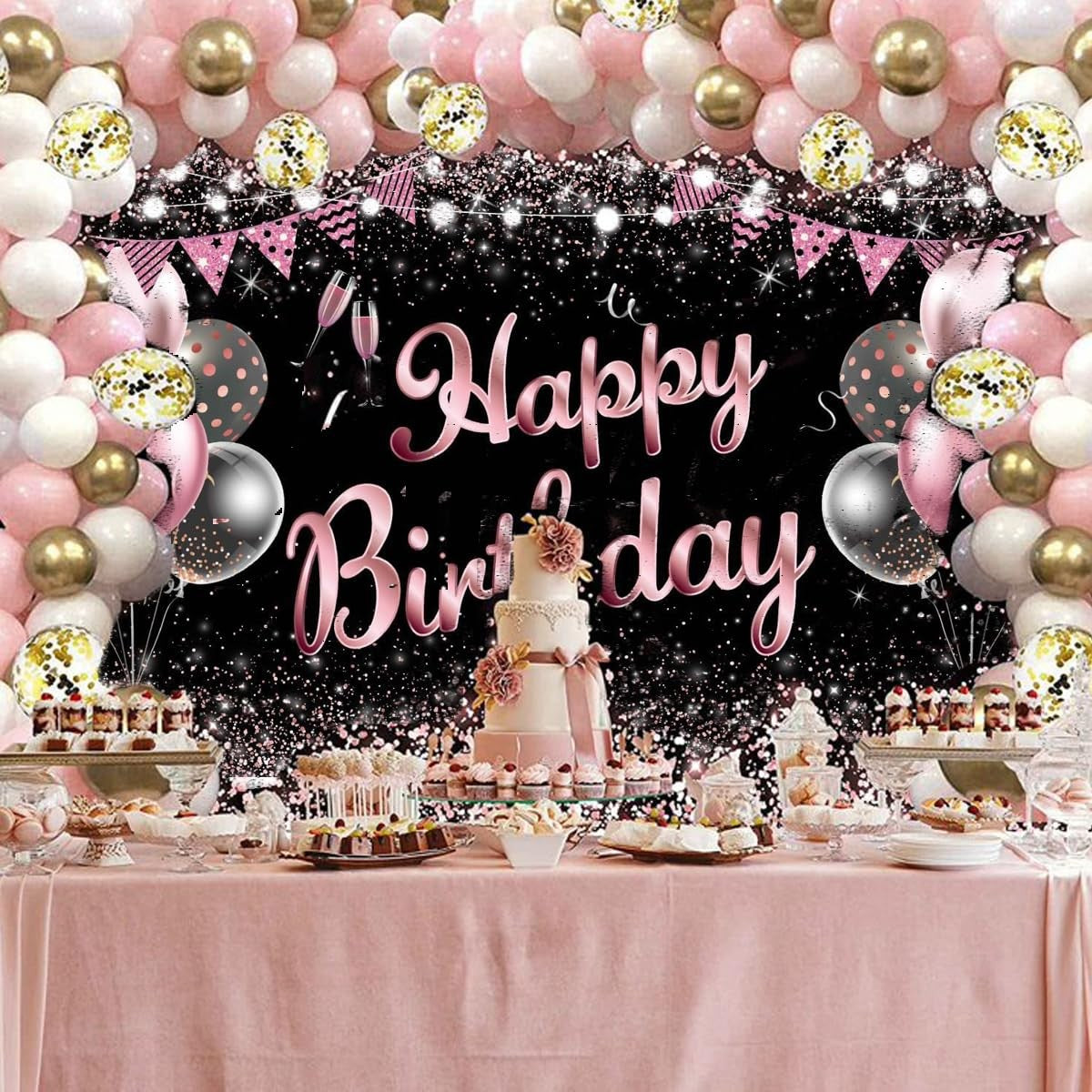 Banner Tip Fundal Foto Happy Birthday, Decor Aniversar cu Imprimare Digitala, Panza Poliester Rezistenta, Include Sfoara 6 m si Inele de Prindere, 185 x 110 cm, Negru/Roz/Argintiu