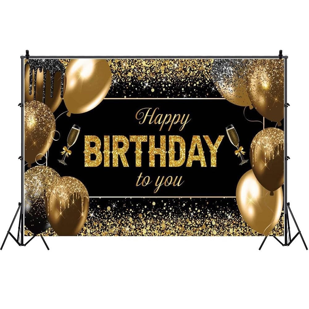 Banner Tip Fundal Foto Happy Birthday, Panou Decorativ Aniversare, Poliester cu Prindere in 4 Colturi si Sfoara 6 m, 185 x 110 cm, Negru/Auriu