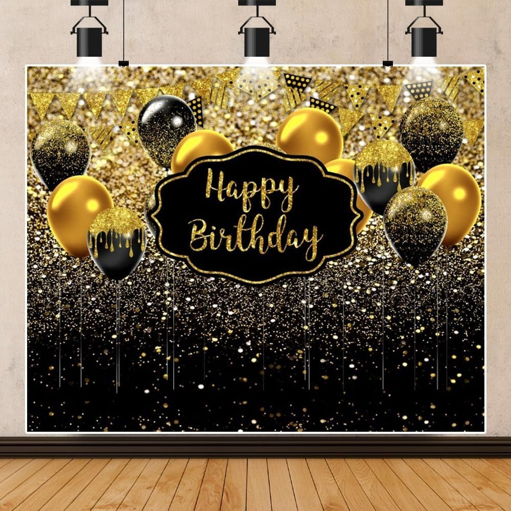 Banner Tip Fundal Foto Pentru Aniversare, Decor Happy Birthday, Panza Poliester Rezistenta, Include Sfoara 6 m, 185 x 110 cm, Negru/Auriu