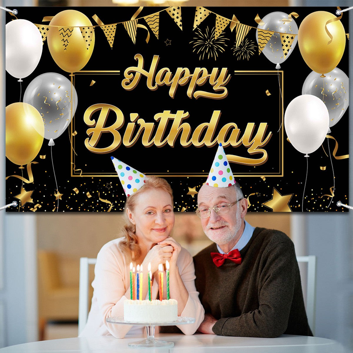 Banner Tip Fundal Foto Happy Birthday, Panou Decorativ Aniversare, Poliester Rezistent cu Sfoara 6 m si Inele de Prindere, 185 x 110 cm, Negru/Auriu