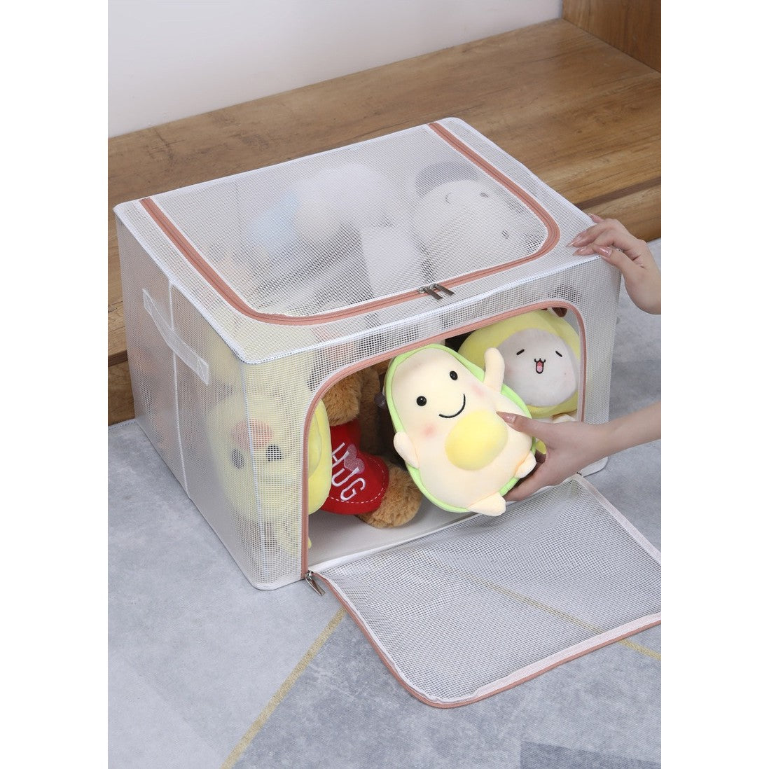 Cutie Depozitare Jucării și Haine, Organizator Camera Copiilor cu Cadru Metalic și Fermoar, PVC Transparent, Model Leu, 66L, 50 x 40 x 33 cm