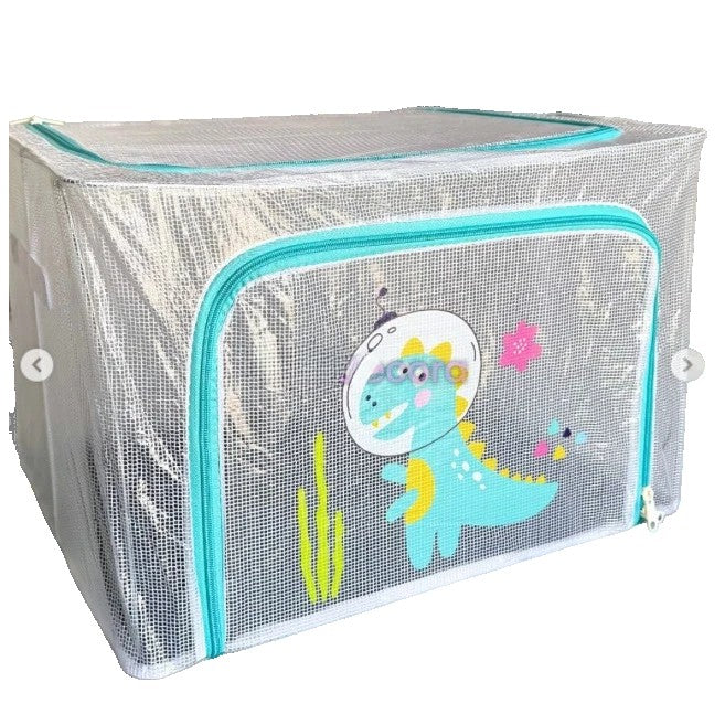 Cutie Depozitare Jucarii si Haine, Organizator Camera Copiilor cu Cadru Metalic si Fermoar, Material PVC Transparent, Model Dinozaur, 66L, 50 x 40 x 33 cm
