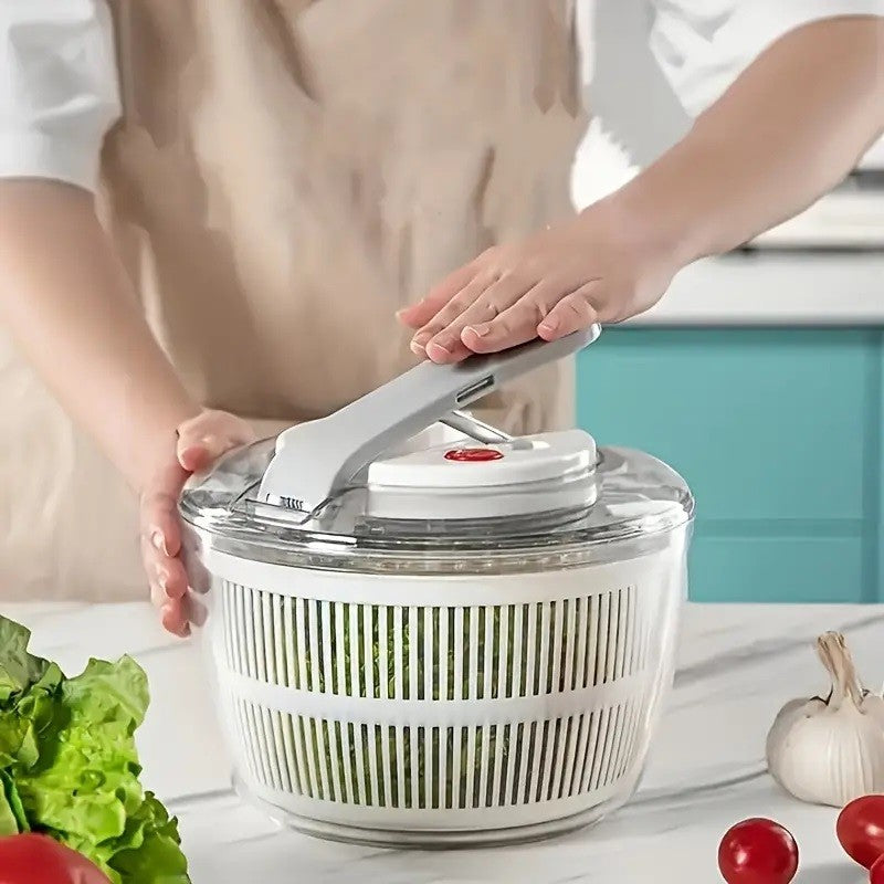 Uscător Manual pentru Salată și Verdețuri, Centrifugă de Legume cu Buton Stop și Evacuare Apă, Plastic ABS, Capacitate 3L, 16x15x21 cm, Alb