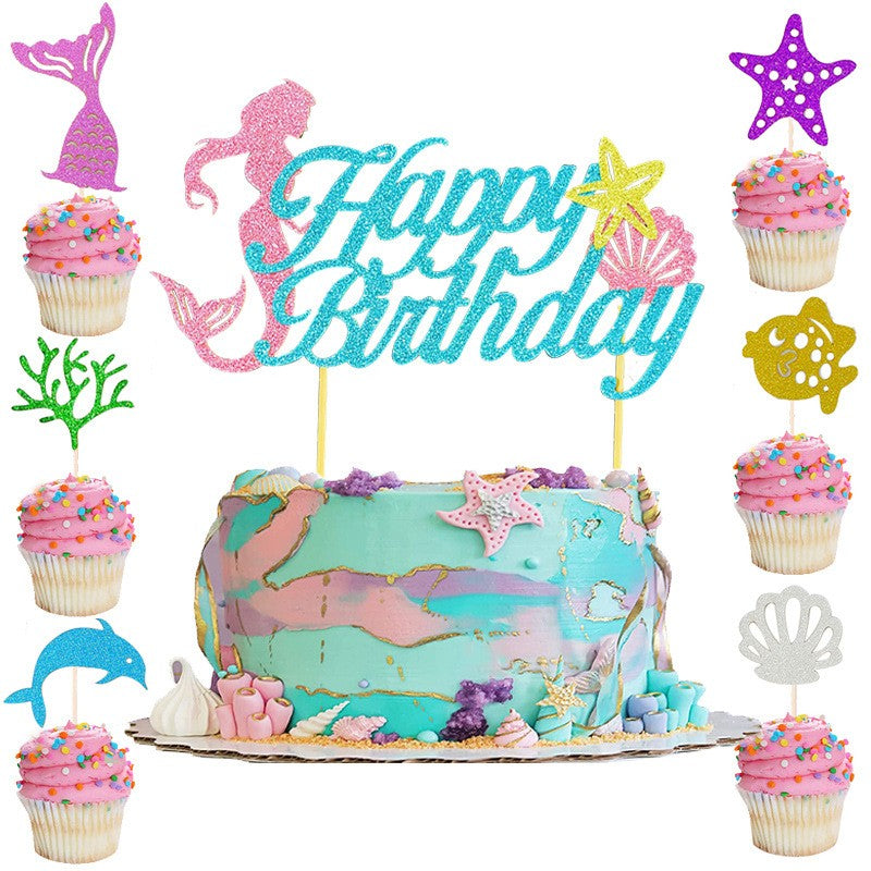 Set Toppere Tort si Prajituri, Tematica Sirena, Mesaj Happy Birthday si Modele Marine, Carton Rezistent, 7 Piese, Multicolor, 16.5x8.2 cm si 5x5 cm