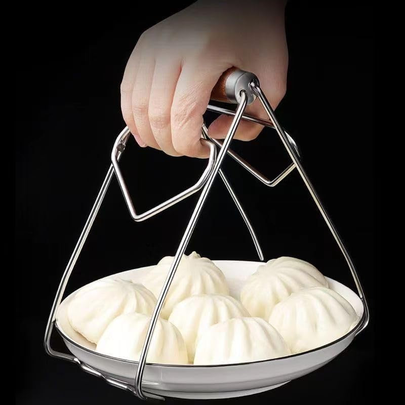 Clemă pentru Boluri și Vase Fierbinți, Cleste Antialunecare Rezistent la Căldură, Oțel Inoxidabil, Design Ergonomic pentru Oale și Tigăi, 19.5x9.8x8 cm, Gri/Maro
