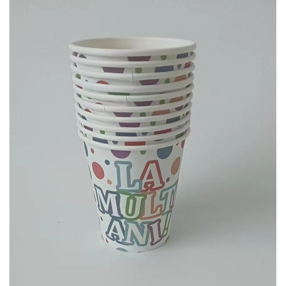 Set 10 Pahare Petrecere, Imprimeu La Multi Ani, Din Carton Reciclabil, De Unica Folosinta, Multicolor, 250 ml, 7 x 8.5 x 5 cm