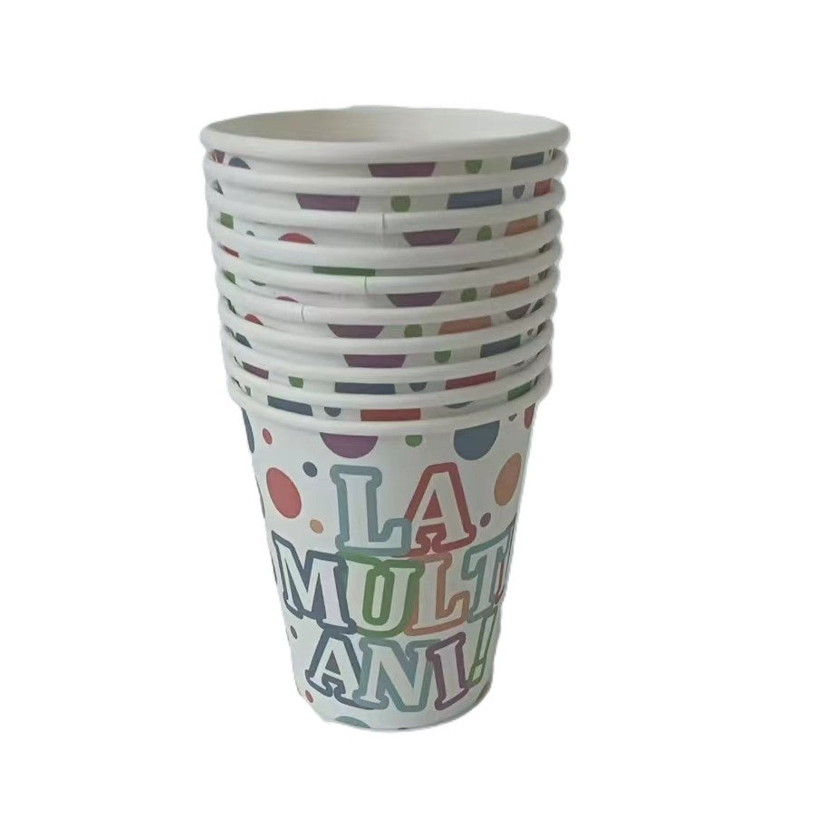 Set 10 Pahare Petrecere, Imprimeu La Multi Ani, Din Carton Reciclabil, De Unica Folosinta, Multicolor, 250 ml, 7 x 8.5 x 5 cm