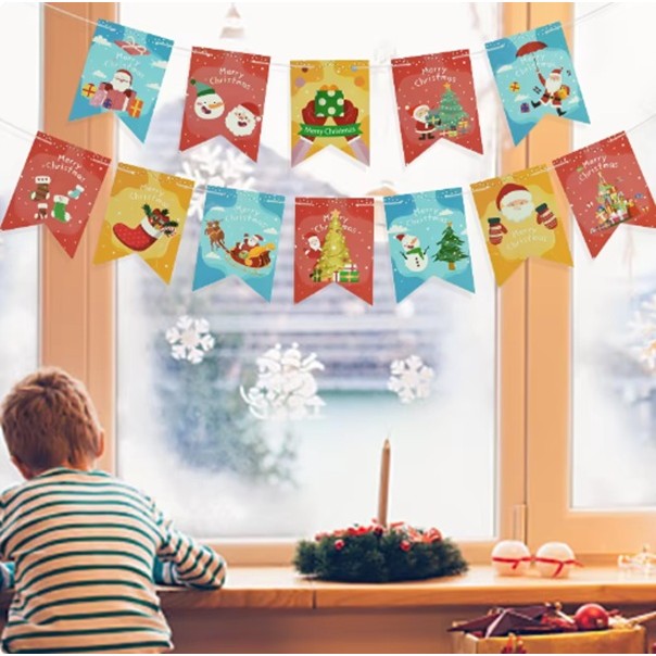 Banner Crăciun Pentru Ușă sau Perete, Găleată Decorativă Festivă, Imprimare UV Rezistentă, Set 12 Piese cu Sfoară Inclusă, 13 x 18 cm, Multicolor, Model B