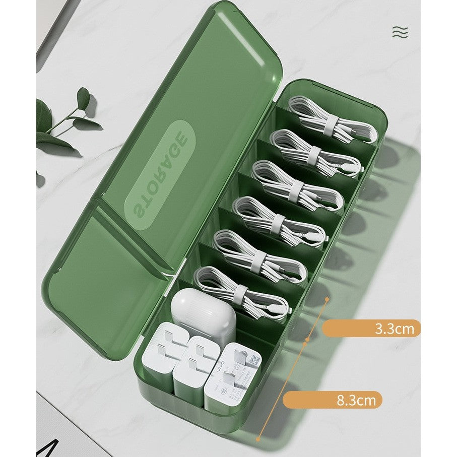 Cutie Organizatoare pentru Cabluri si Accesorii, 7 Compartimente, Depozitare Incarcatoare si Produse Cosmetice, Plastic PP, 28 x 9 x 6 cm, Verde