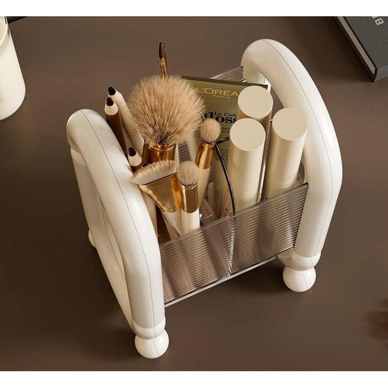 Organizator Cosmetice pentru Pensule si Machiaj, Cutie Depozitare cu 4 Compartimente, Suport Ergonomic din Plastic, 12 x 10 x 20 cm, Alb
