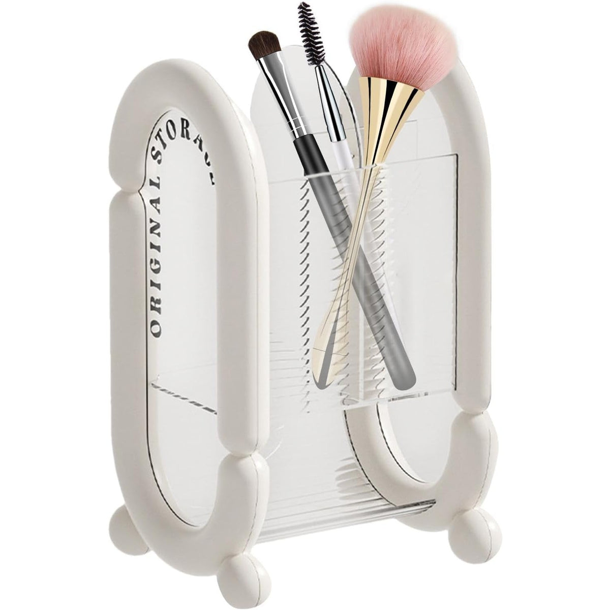 Organizator Cosmetice pentru Pensule si Machiaj, Cutie Depozitare cu 4 Compartimente, Suport Ergonomic din Plastic, 12 x 10 x 20 cm, Alb