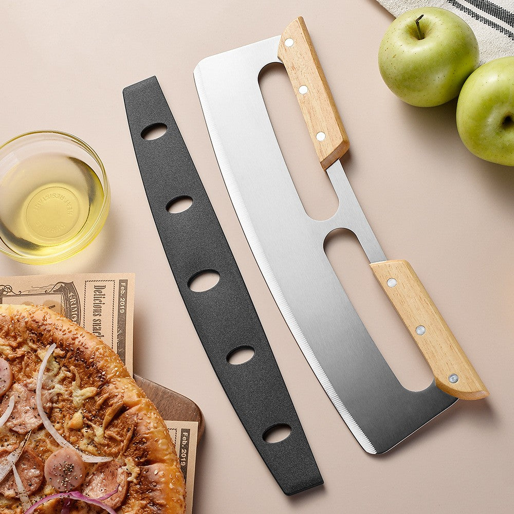 Taietor Feliator de Pizza, Lama Semiluna din Otel Inoxidabil, Maner Ergonomic din Lemn, Capac de Protectie Inclus, 34x10 cm, Maro