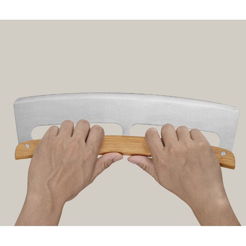 Tăietor Feliator De Pizza, Lamă Semilună Din Oțel Inoxidabil Cu Protecție, Mâner Din Lemn Ergonomic, 34x10 cm, Maro
