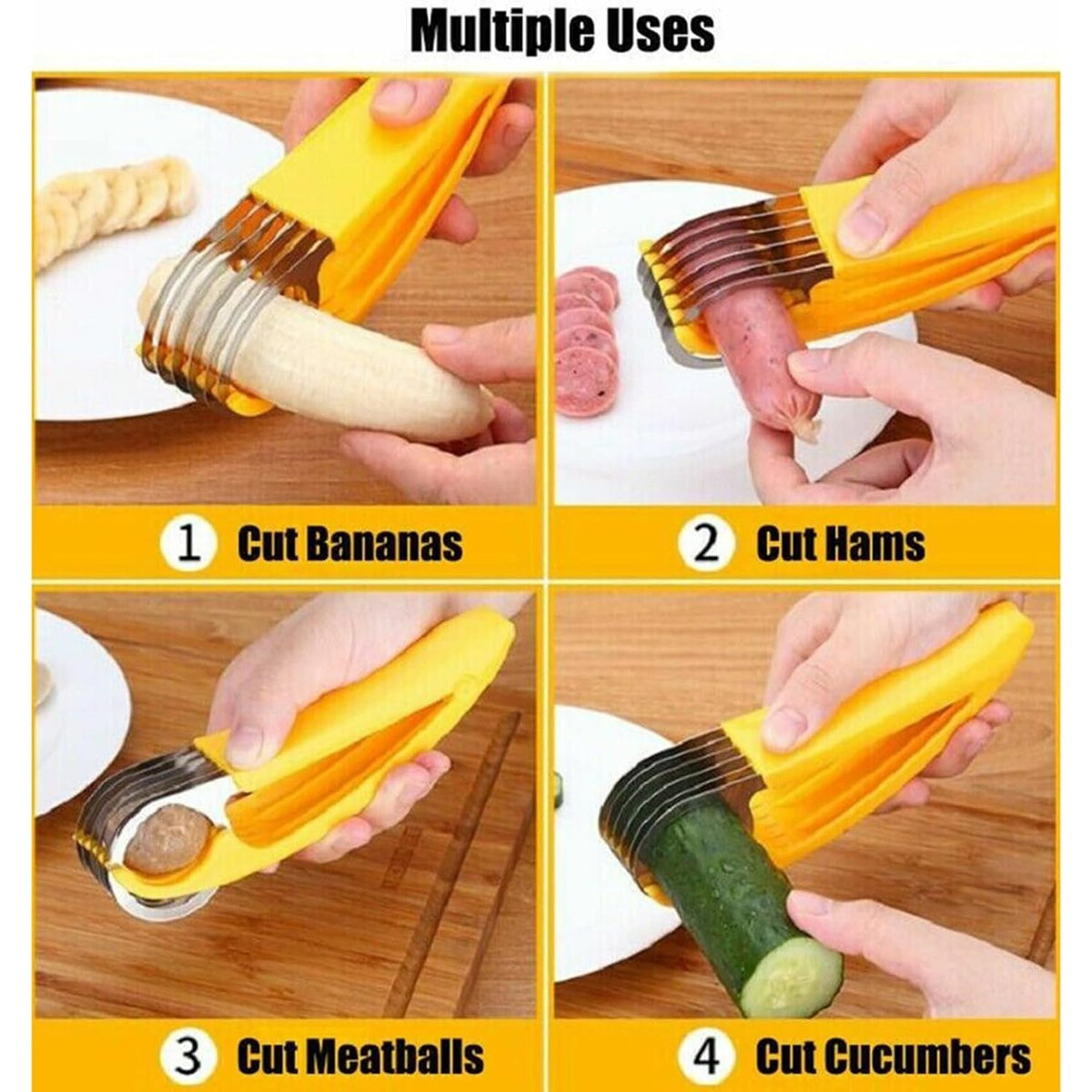 Feliator pentru Alimente si Legume, Dispozitiv de Taiere Rapida cu Lame din Otel Inoxidabil, Design Ergonomic Forma Banana, Plastic ABS, 17.5x5x4 cm, Galben