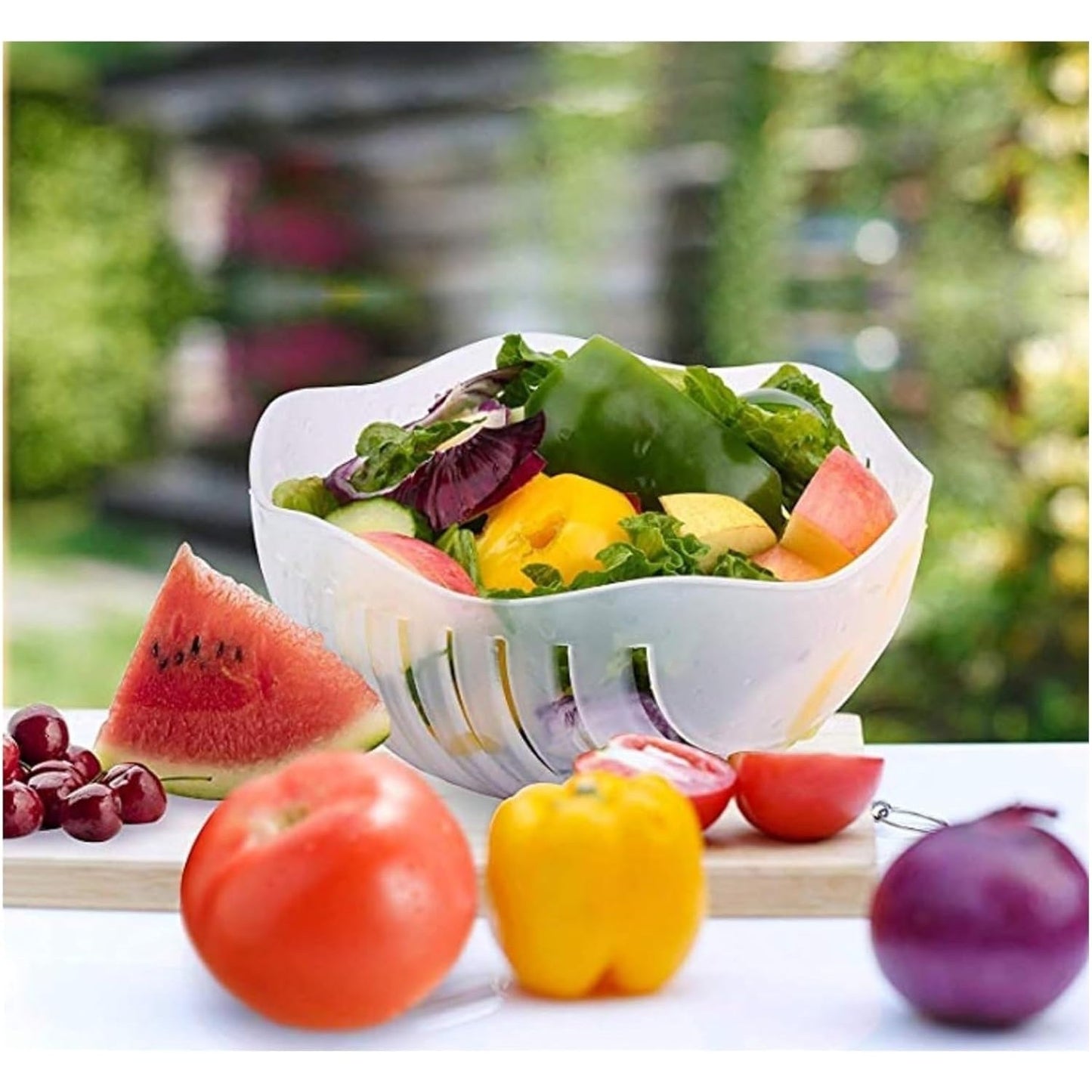 Bol Feliator pentru Salata, Castron Multifunctional pentru Spalat si Taiat Legume sau Fructe, Protectie Maini si Scurgere, Plastic, 21x18.5x11.5 cm, Mov
